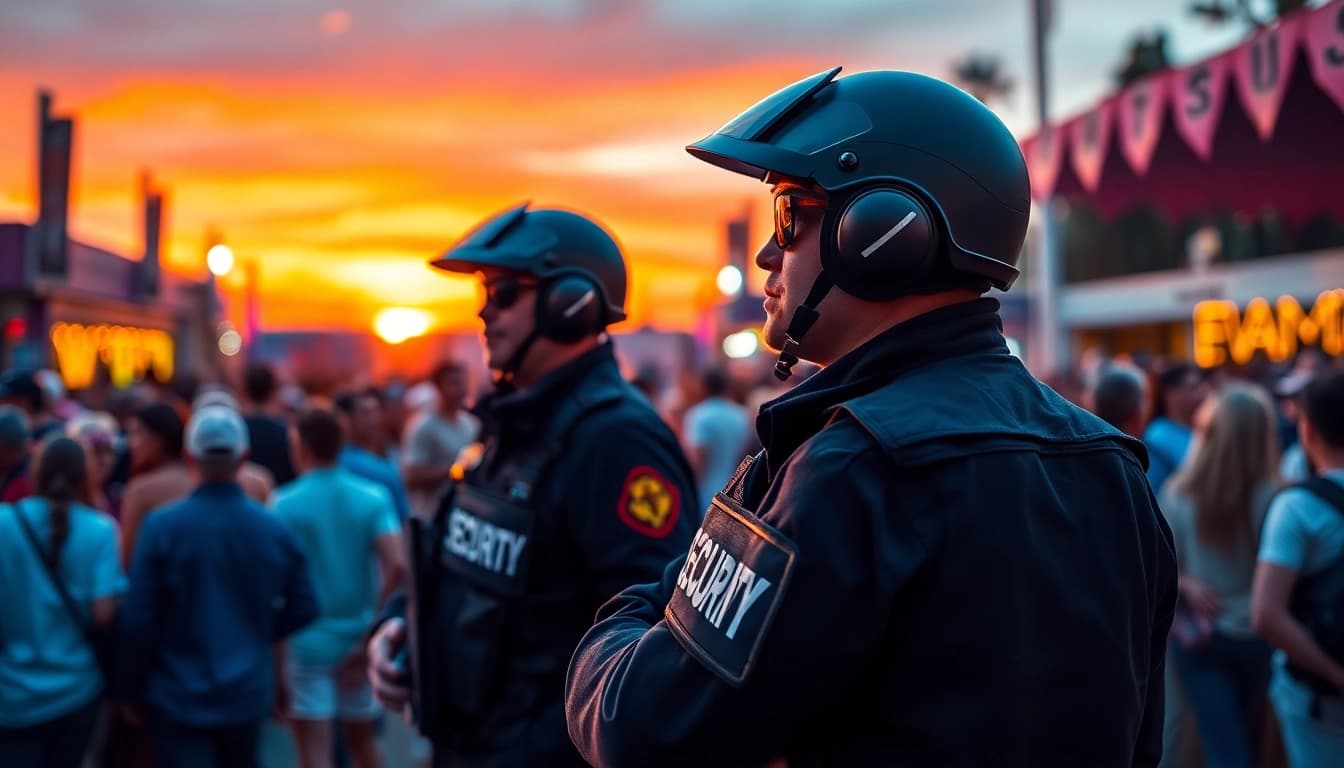 Ensuring Event Security, professionals monitor a vibrant outdoor gathering with alertness and vigilance.