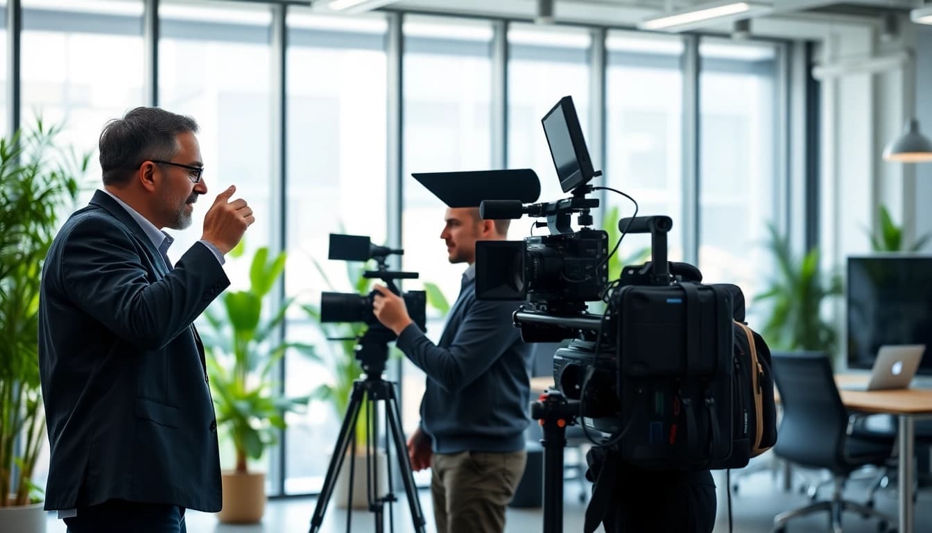 Highlighting corporate video production with a film crew capturing footage in a modern office environment.