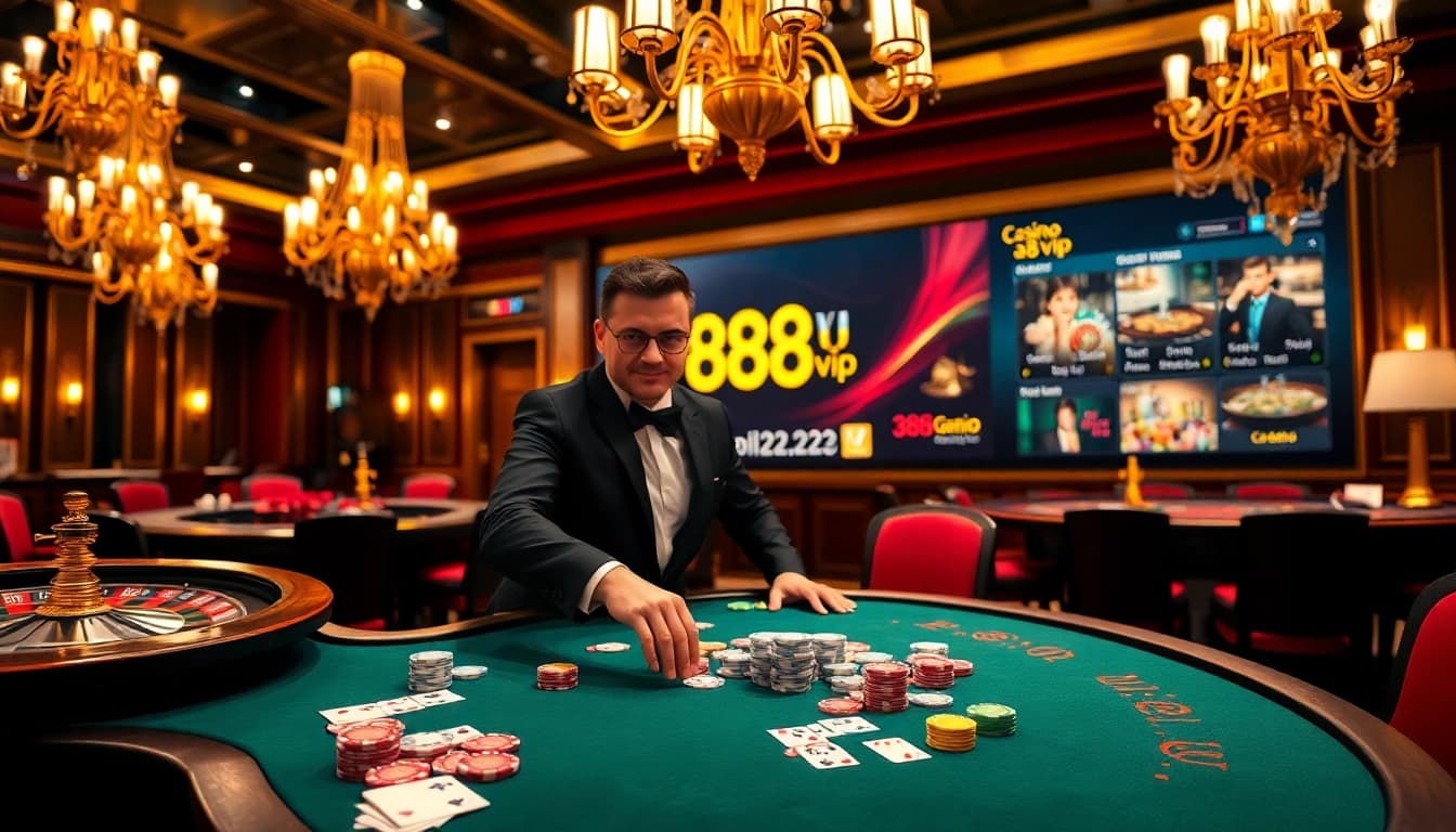 Experience the thrill of betting at 888vi 22vip with a vibrant casino table set and online interface.
