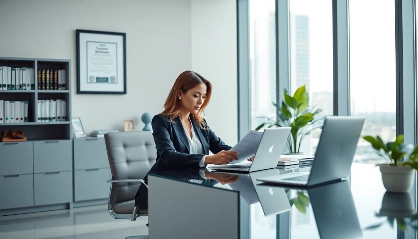 Trademark and intellectual property in the US represented by a Miami attorney assisting clients in a modern office.