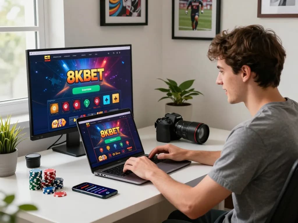 Exciting online gaming experience with 8KBET, showcasing vibrant graphics and focused enthusiasm.