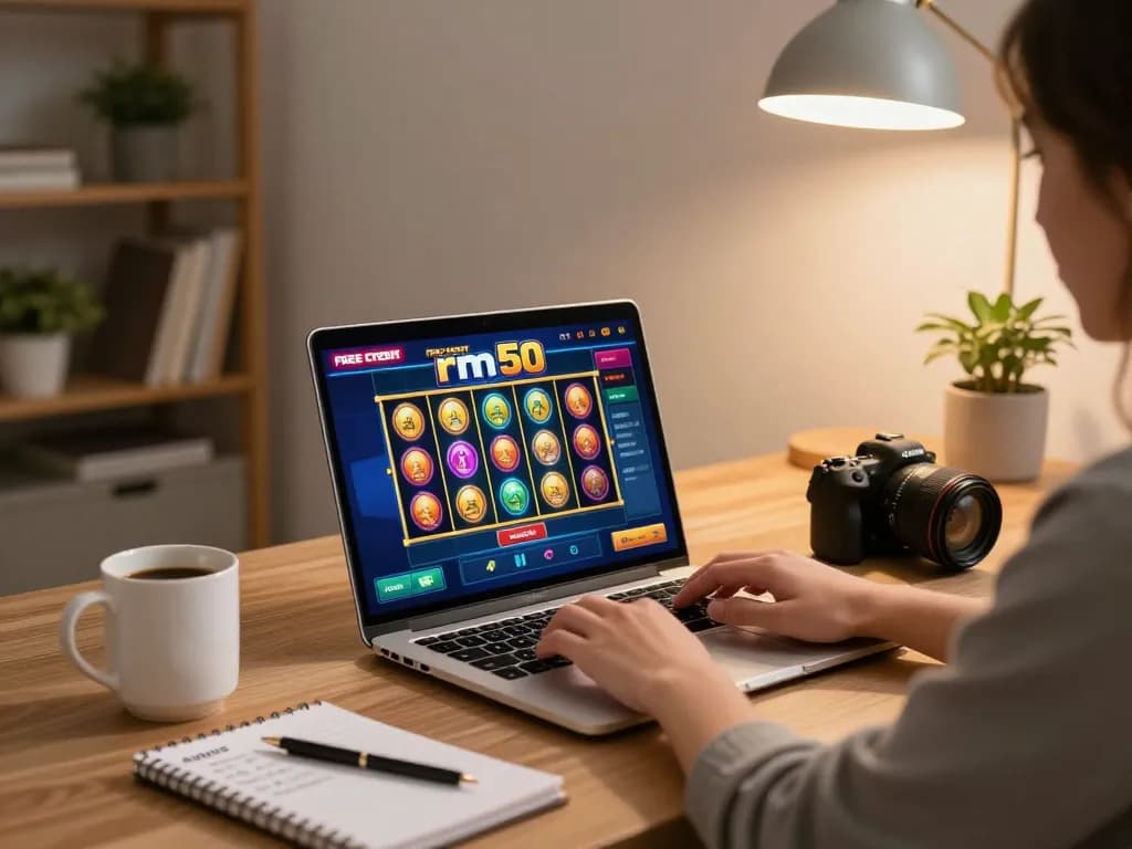 Engaging in free credit rm50 no deposit slot games on a laptop at home, cozy atmosphere with strategic notes.