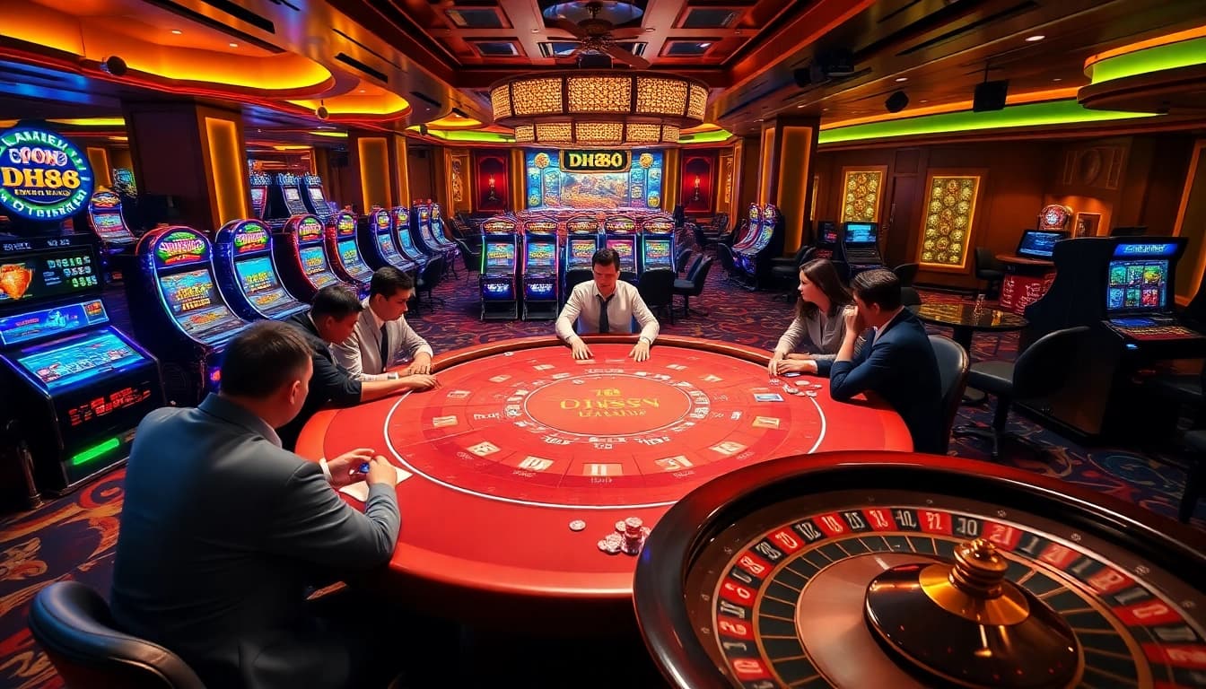 A vibrant DH88 casino scene showcasing players at a poker table with chips and a roulette wheel.