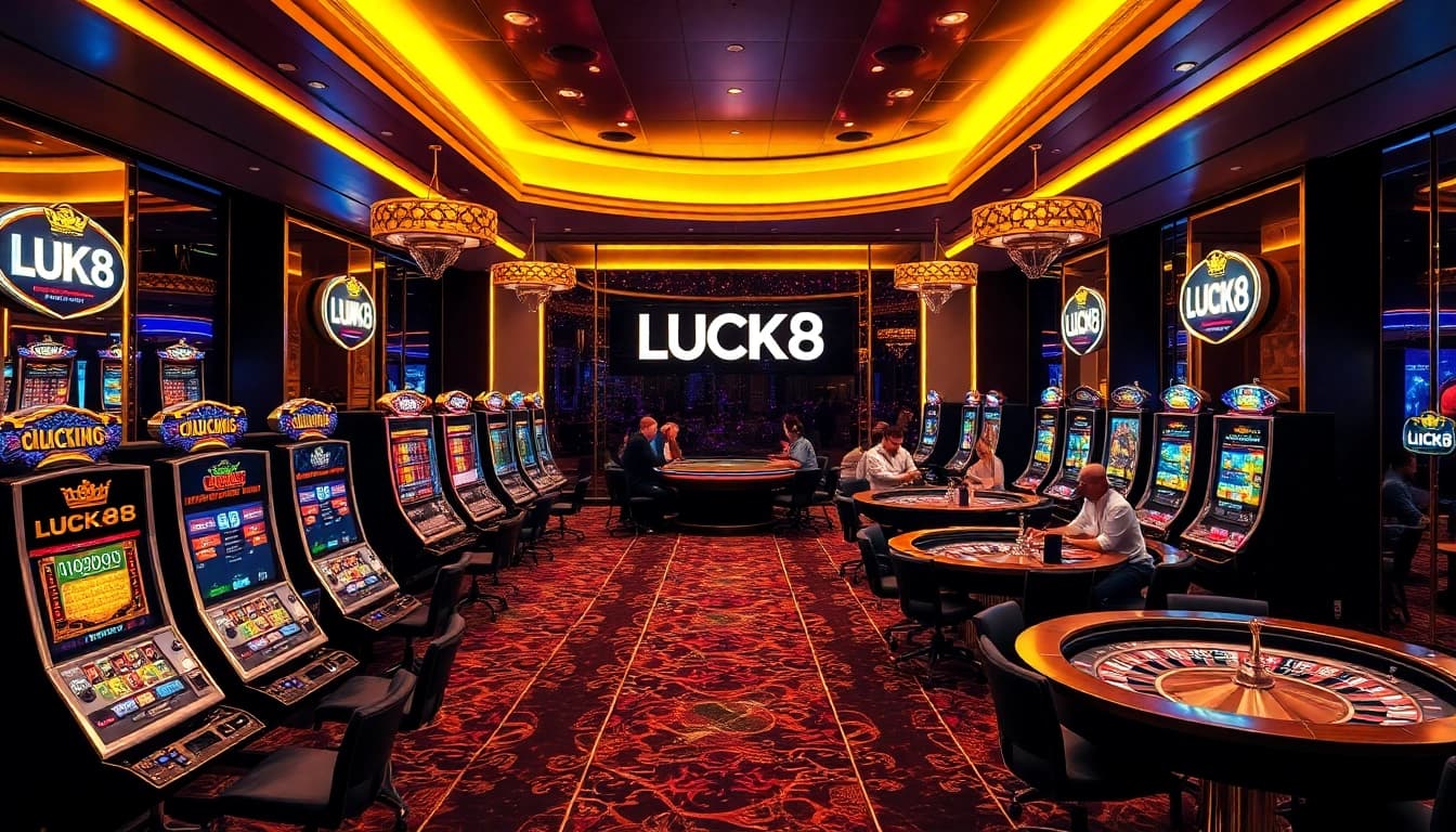 LUCK8 đăng nhập: Engaging scene at a casino with players enjoying poker and slot machines.