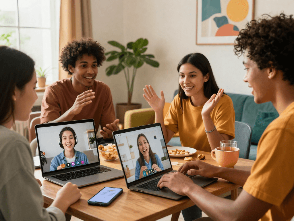 Friends engaging in a spicychat video call, showing lively expressions and home environments.