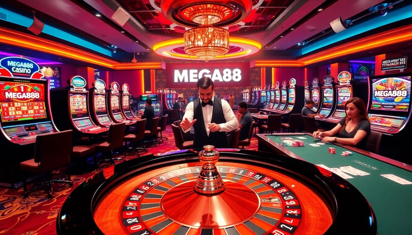 Engaging casino scene with MEGA888 featured, showcasing players at slot machines and roulette tables.