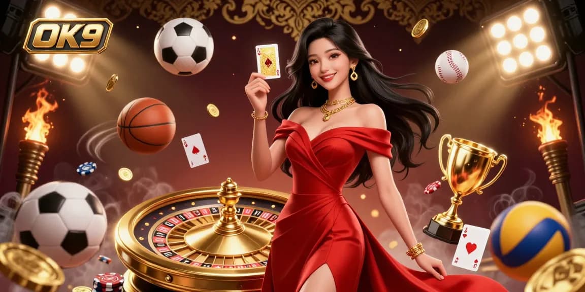 Experience the thrill of casino games with OK9 featuring a glamorous Asian woman, roulette wheel, and dynamic sports betting elements.