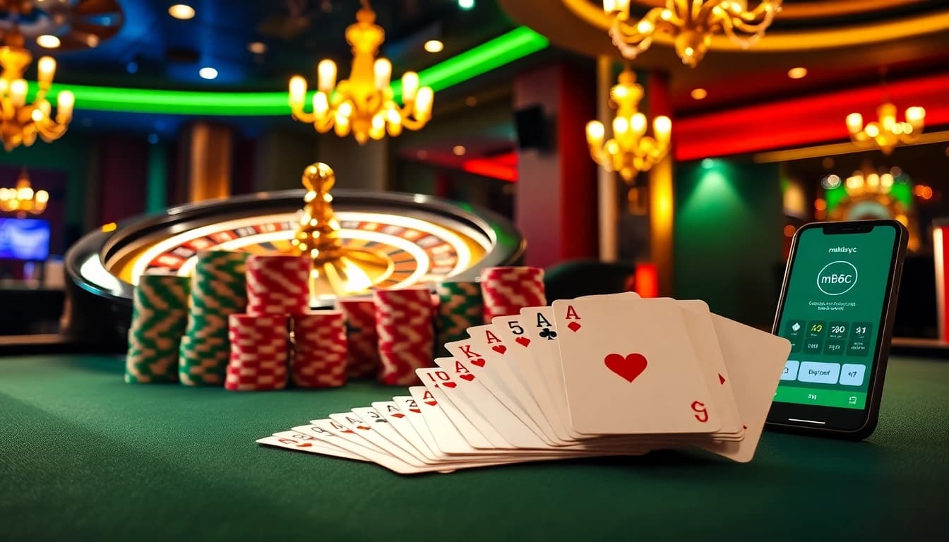 Experience thrilling gameplay at mb66.nyc with vibrant casino visuals featuring poker chips and roulette wheels.