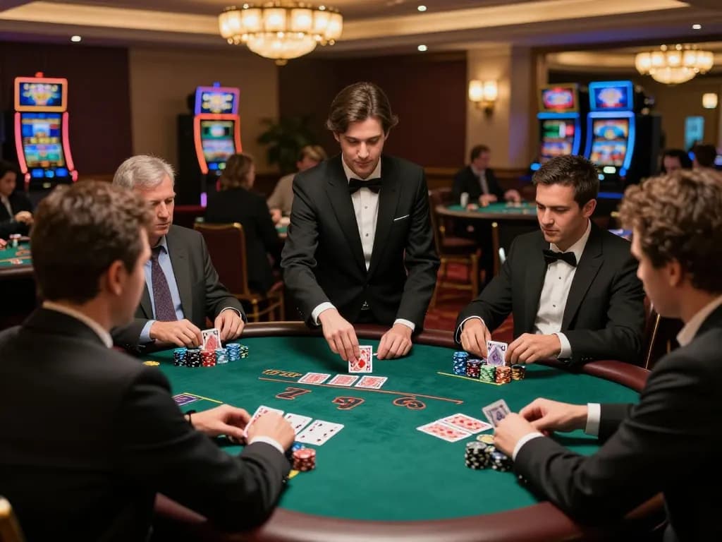 Engaged players taking strategic bets at blackjack table at https://mm88.green/ in elegant casino atmosphere.