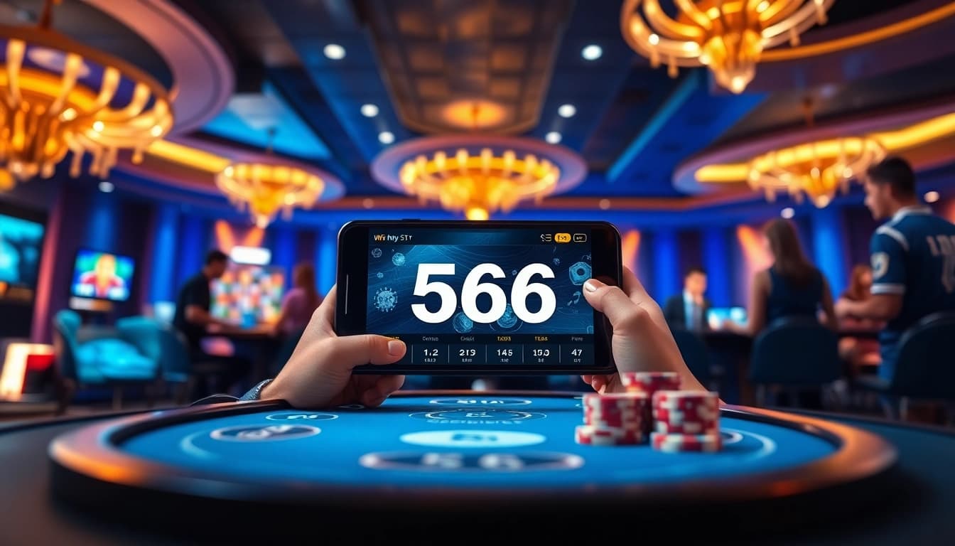 Online gaming experience with 566's app and casino atmosphere.