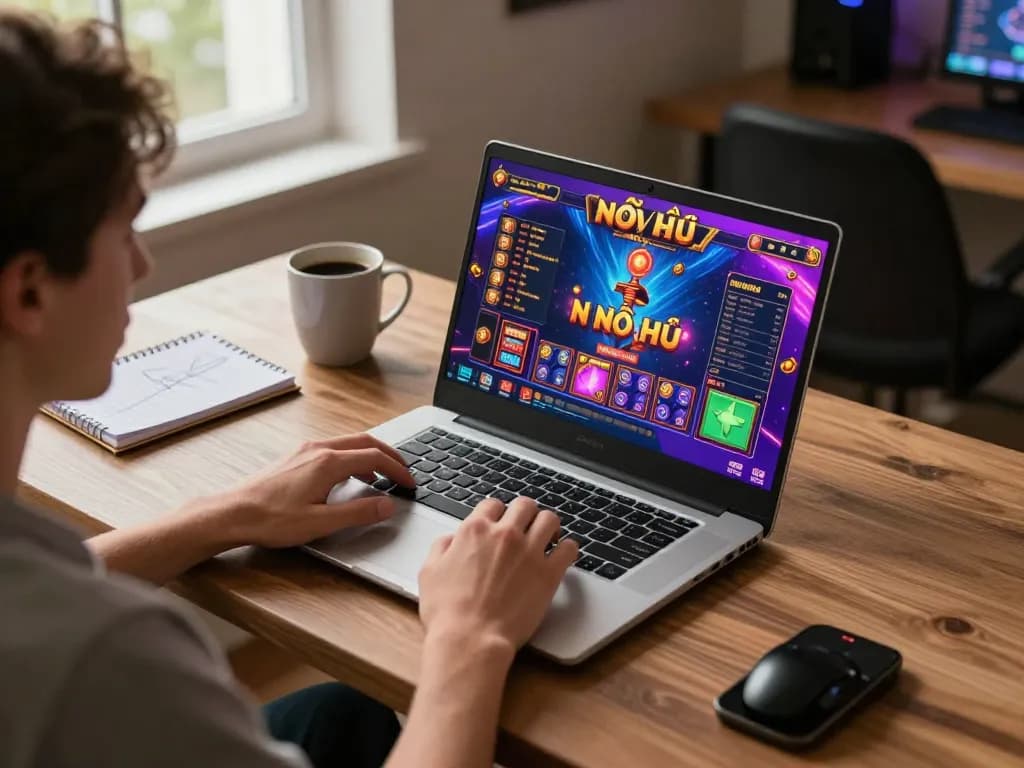 Nổ hũ player immersed in online slots, showcasing vibrant graphics and cozy gaming setup.