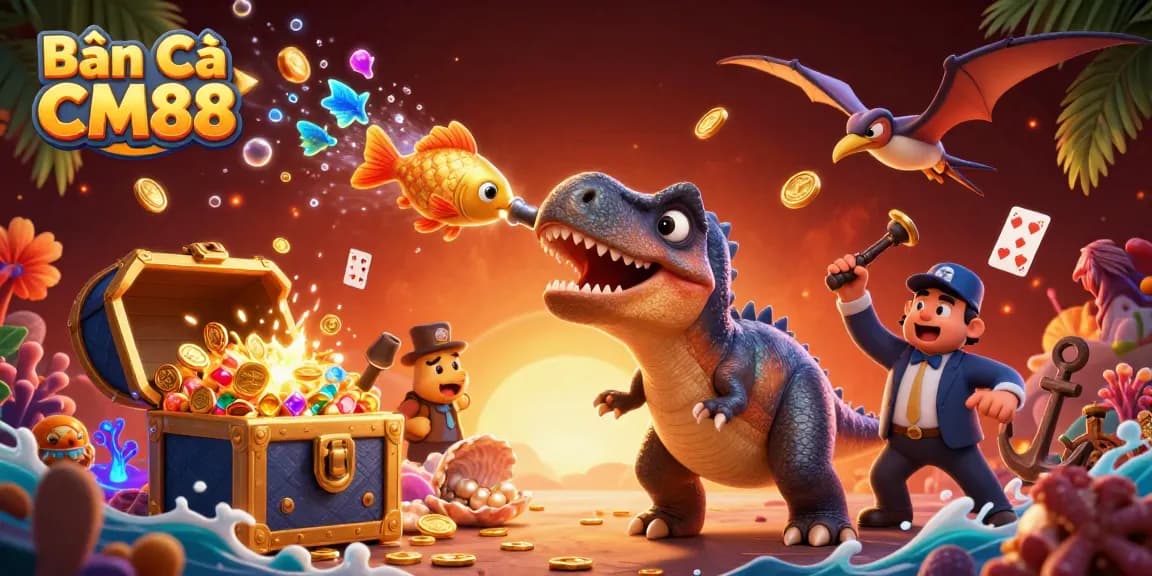 Bắn Cá CM88 showcases an exciting underwater scene with colorful fish and treasures bursting from a cannon.