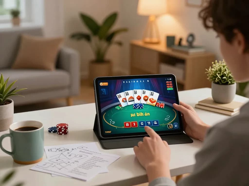 Player strategizing game bài đổi thưởng on tablet in cozy home setup with warm lighting