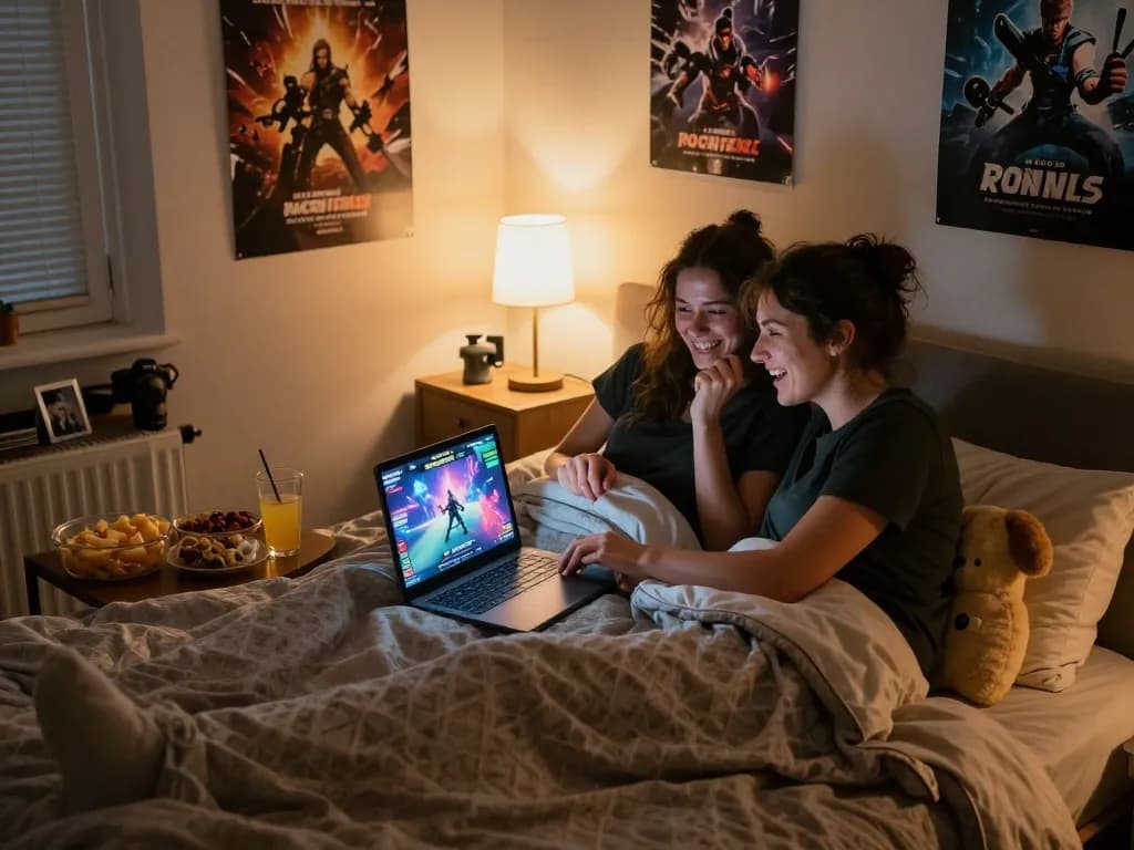 Couple enjoying a playful porn game together on a cozy bed.