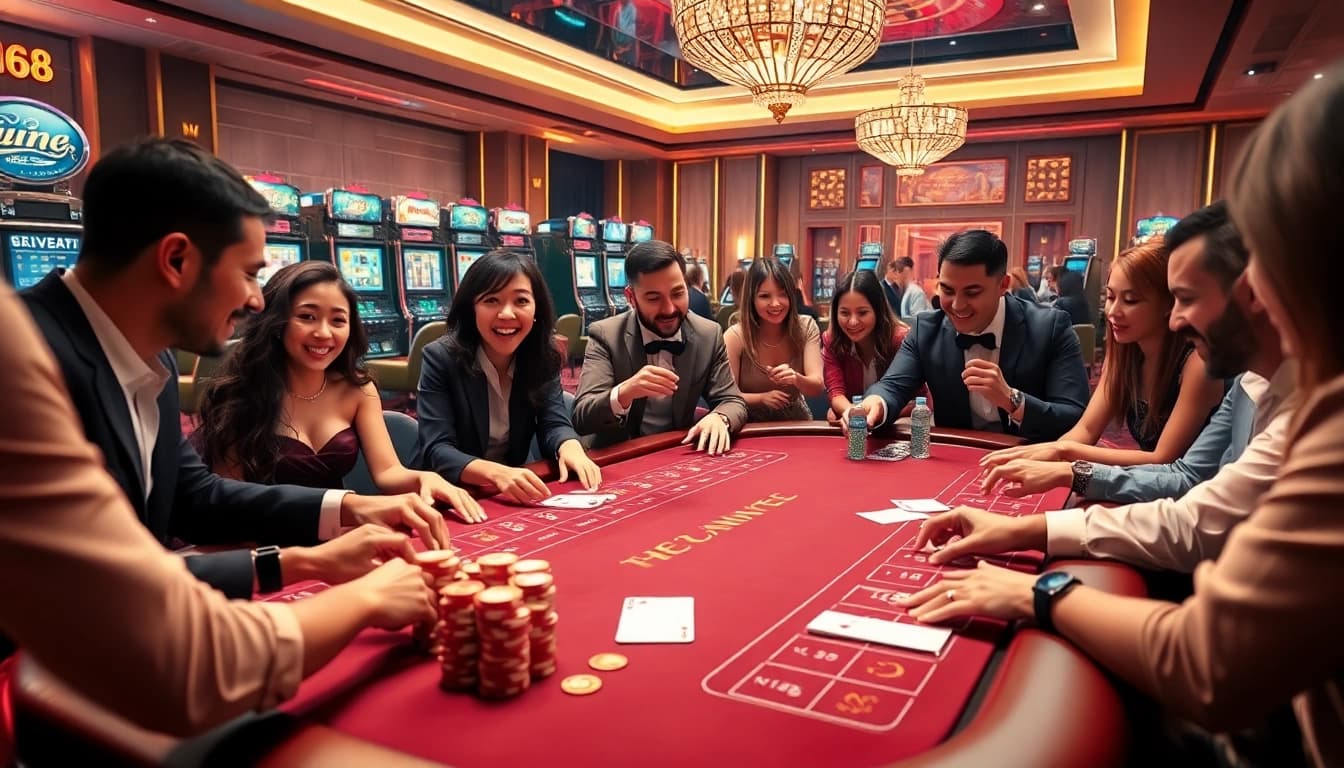 TWIN68 online casino scene with players engaging at a modern gambling table, highlighting excitement.