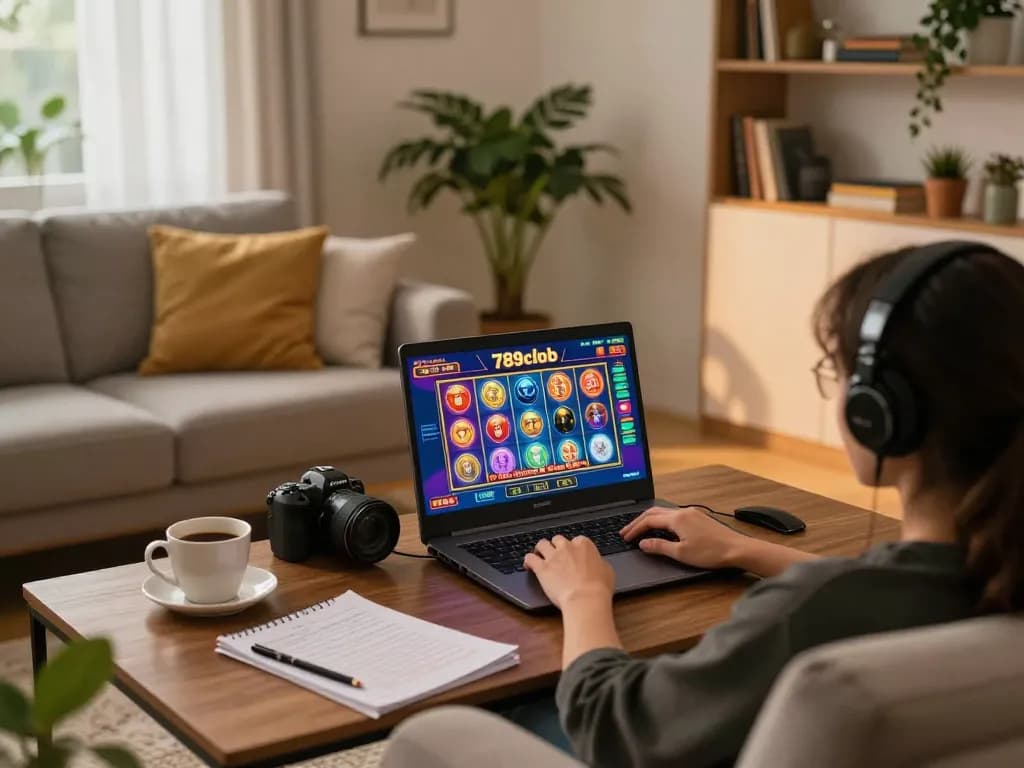Playing 789club on a laptop during a cozy home gaming session with coffee and strategy notes.