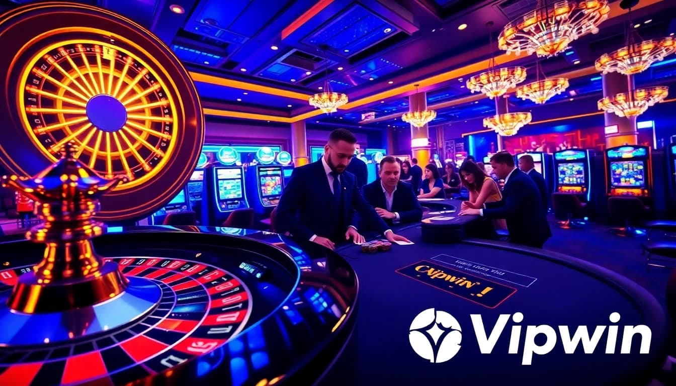 Experience the excitement of Vipwin with vibrant casino visuals featuring roulette, poker, and slot machines.