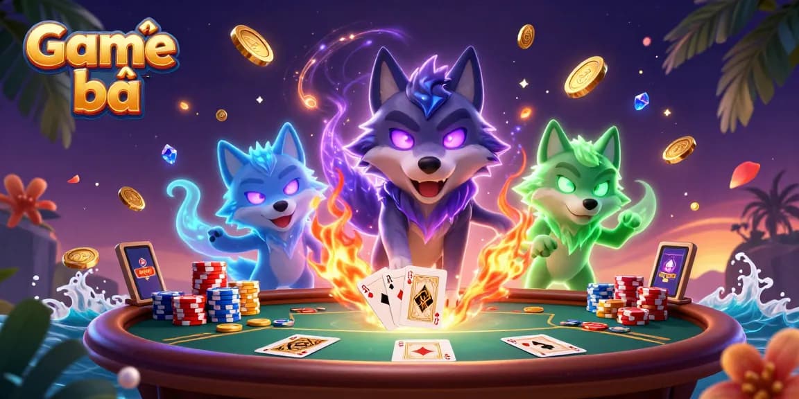 Join the excitement of Game bài as animated wolves play cards amid shining coins and vibrant poker chips.