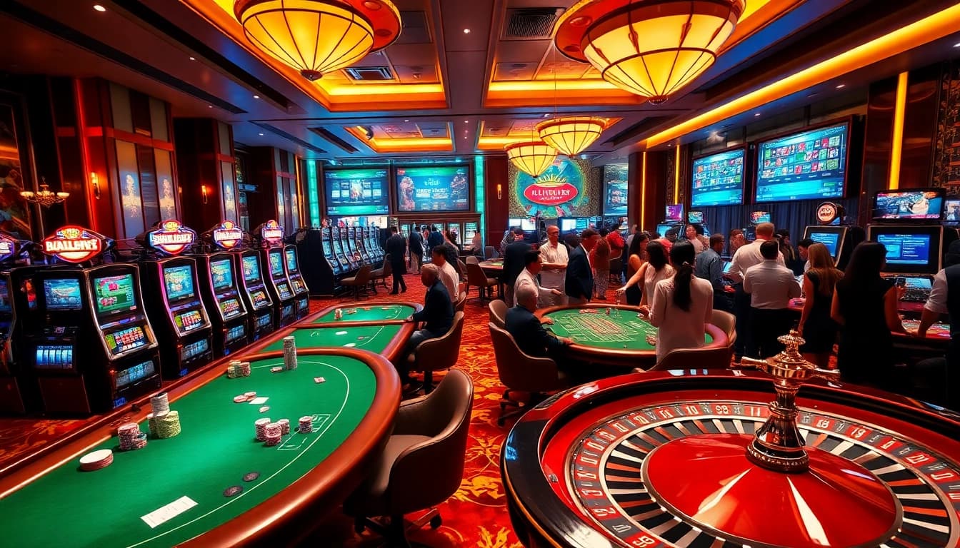 SCLUB88 gaming atmosphere with vibrant roulette wheels and excited players at luxurious poker tables.