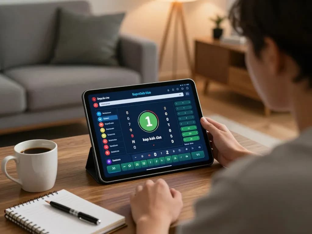 Engaging tablet view of kèo nhà cái for online sports betting with warm home setting.