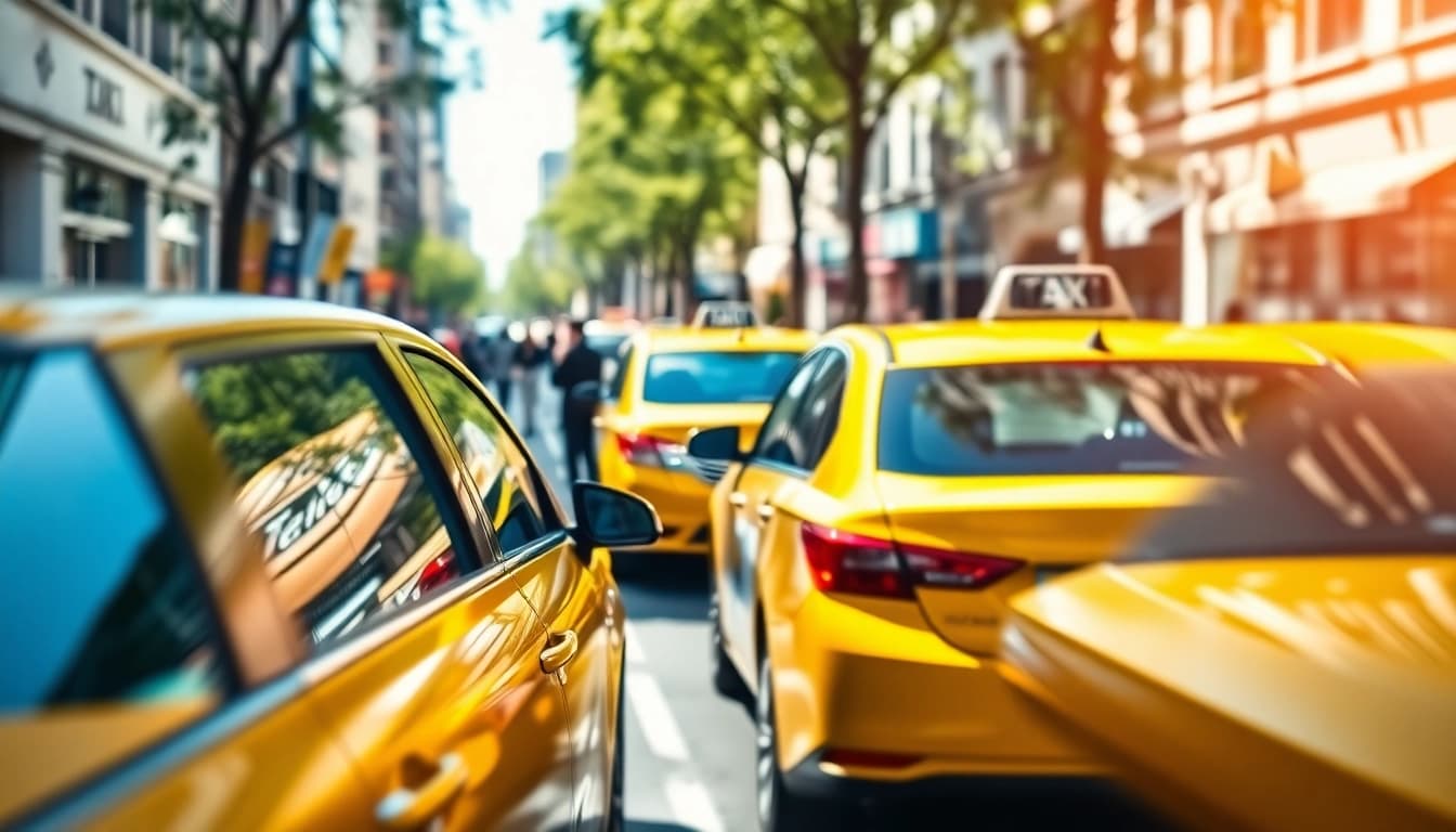 Accessible cabs ready for passengers in a lively urban environment.