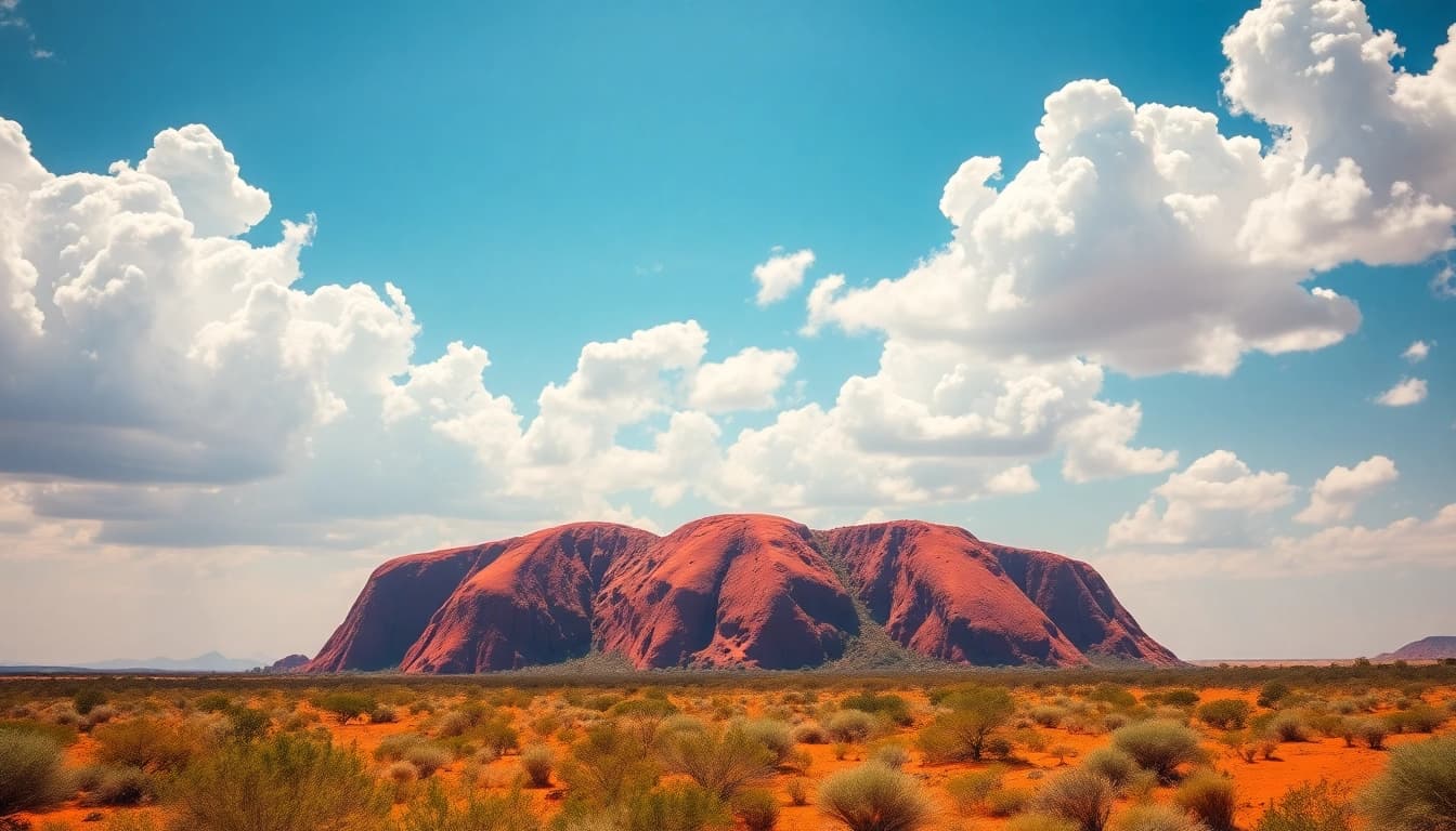 Experience the breathtaking beauty of Australia with Uluru amidst lush greenery.
