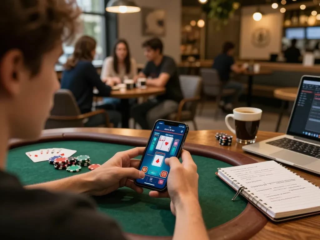 Engaging in online poker on MrPokies77 app, showcasing dynamic gameplay and café ambiance