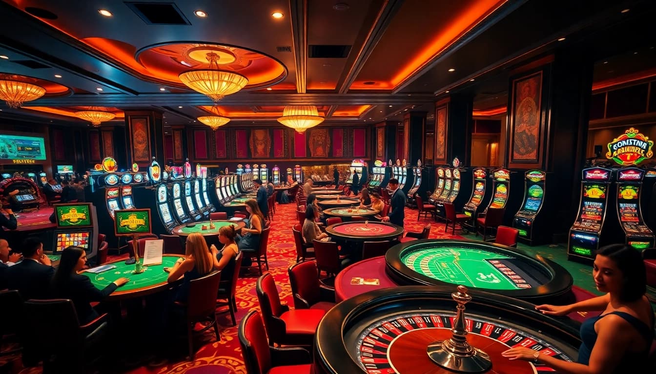 A dynamic casino atmosphere at https://nhacaiuytin.news/ with players enjoying poker and slot machines.