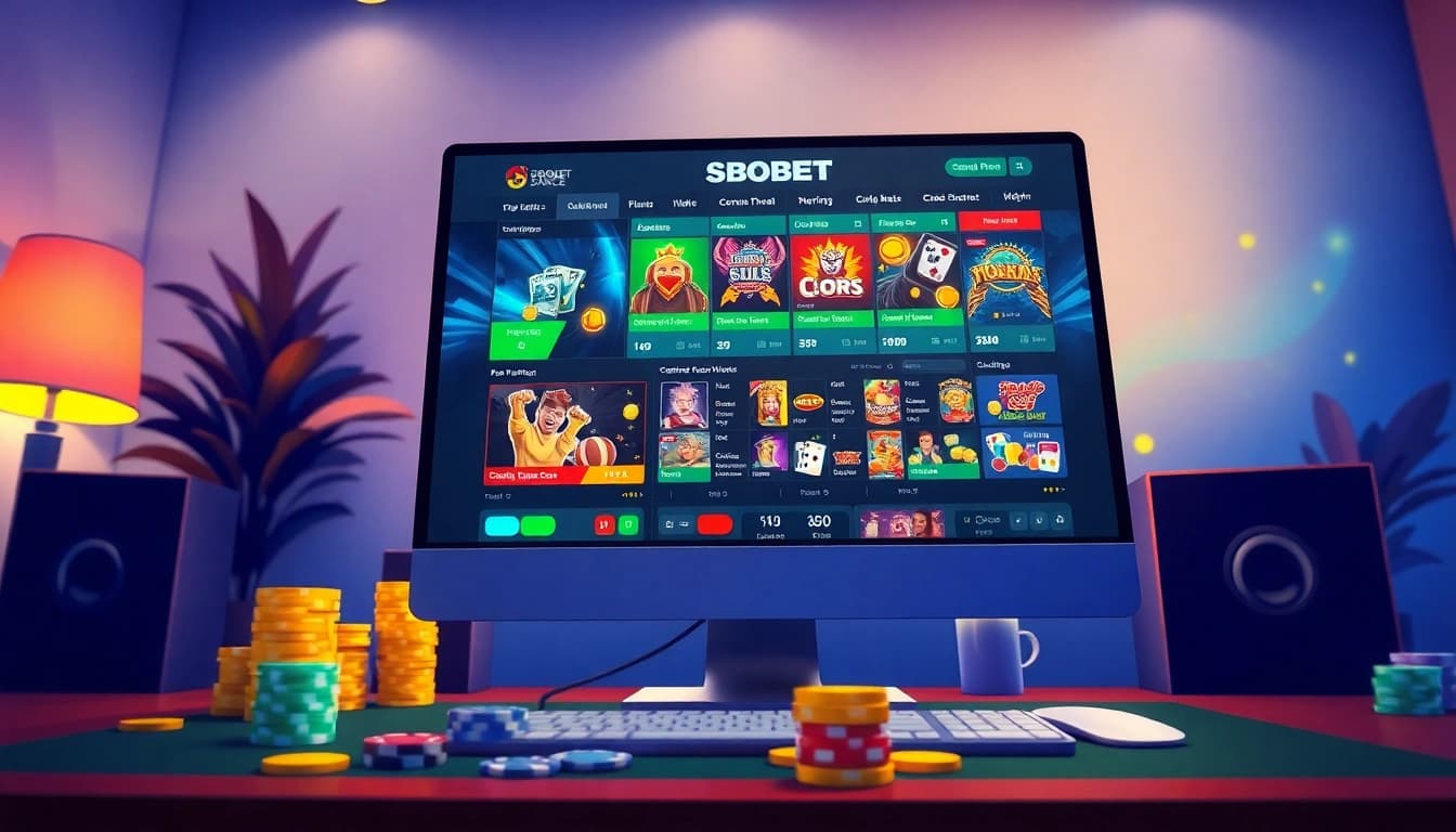 SBOBET.dance vibrant online betting scene featuring poker and sports in a user-friendly interface.