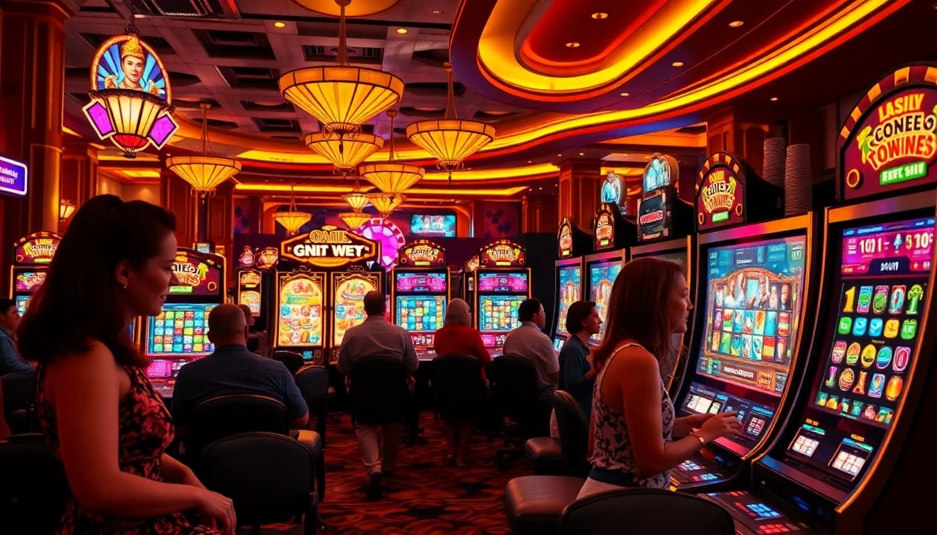Players enjoying the excitement of slot qris machines in a vibrant casino atmosphere.