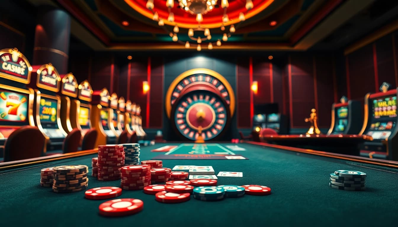 Experience excitement at Nhà Cái QQ88 with dynamic gaming tables and vibrant poker chips.