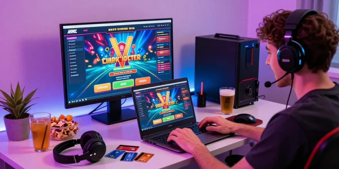 Player enjoying games at the best casinos for credit cards with vibrant home setup and colorful ambiance.