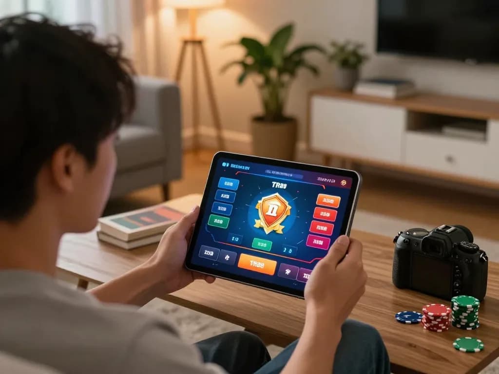 Engage in thrilling online gaming at TR88 with a player enjoying poker on a tablet in a cozy setting