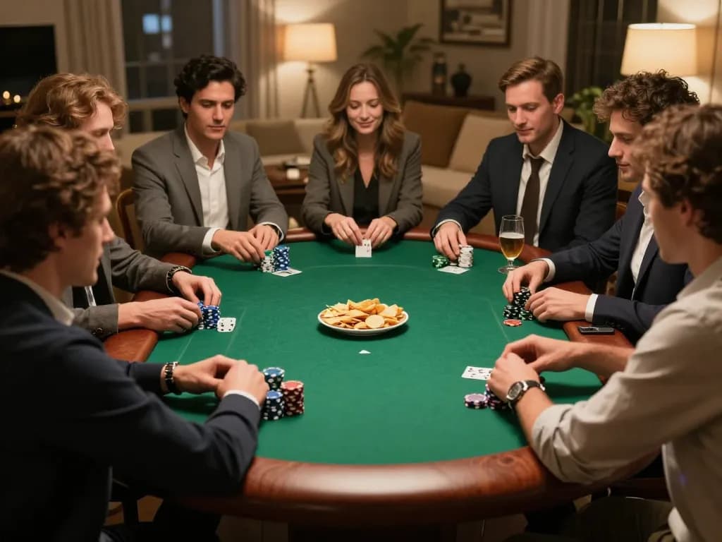 Hbet players engaged in a competitive poker game with chips and cards at a cozy home setting.