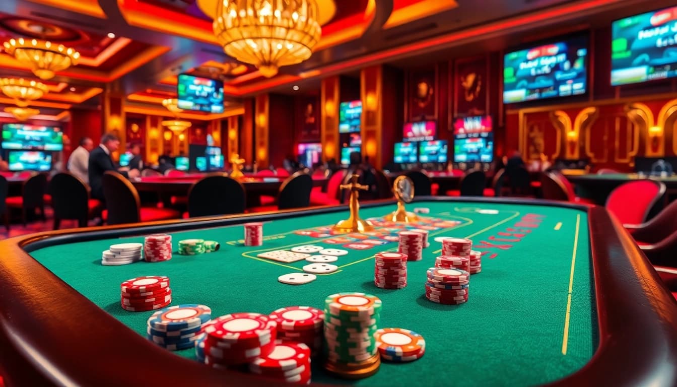 Experience the thrilling atmosphere of f168 vip at a luxury poker table with vibrant chips and cards.
