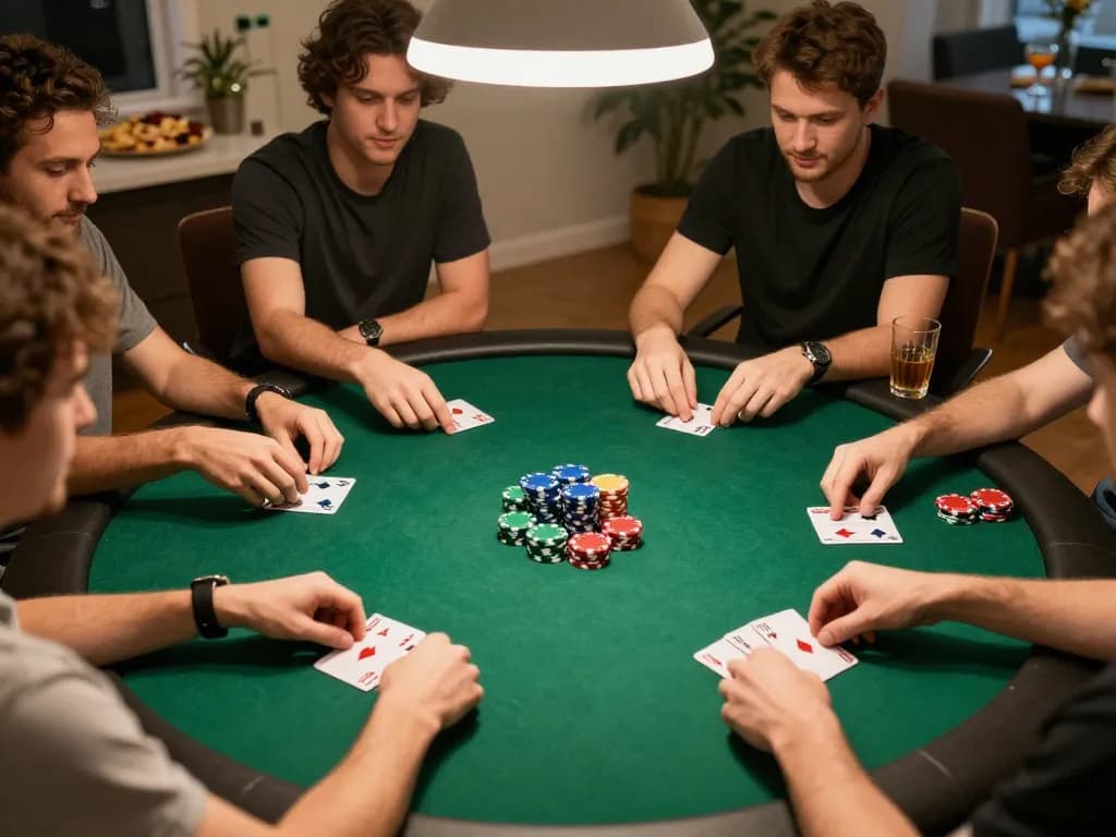 Luck8 players strategizing in an engaging poker game at home, vibrant chips and warm ambiance