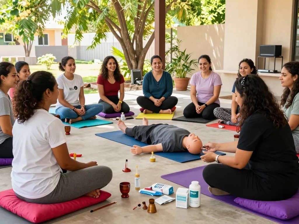 Engaging female-only hijama course outdoors with instructor demonstrating techniques.