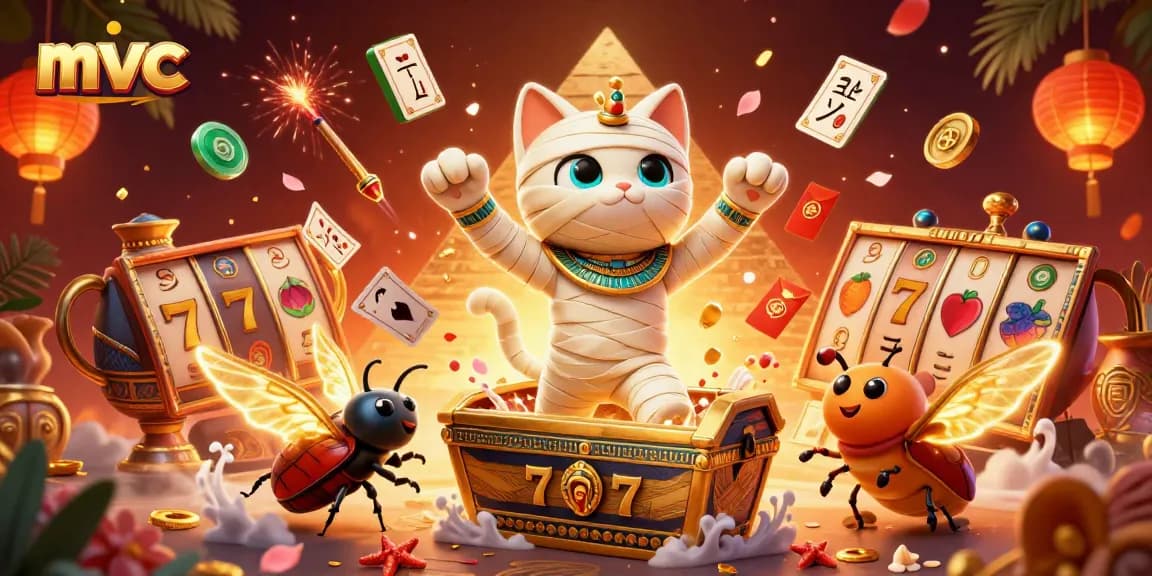 Engage with thrilling slots at mvc's vibrant pyramid casino illustration featuring a mummy cat and scarab beetle.