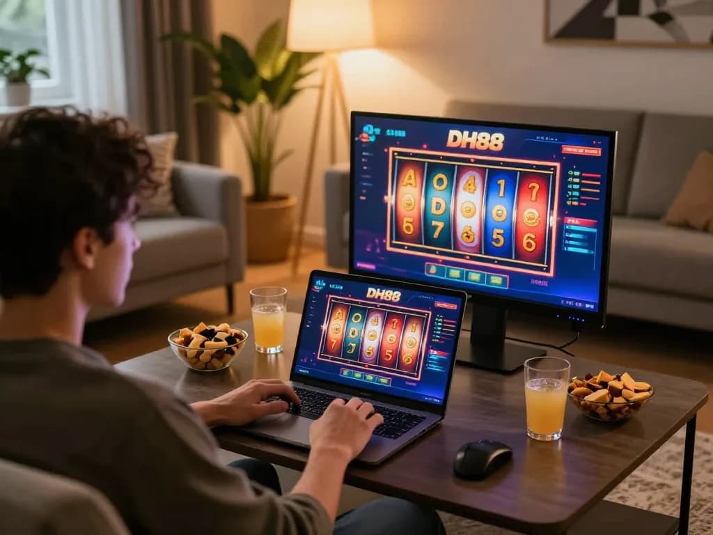 Player enjoying DH88 online casino experience with vibrant slots on laptop at home.