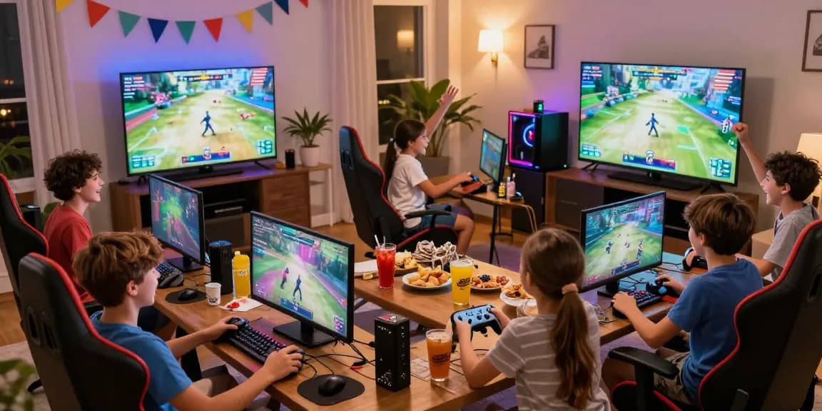 Children enjoying an exciting gaming party with multiple consoles, snacks, and cheerful atmosphere.