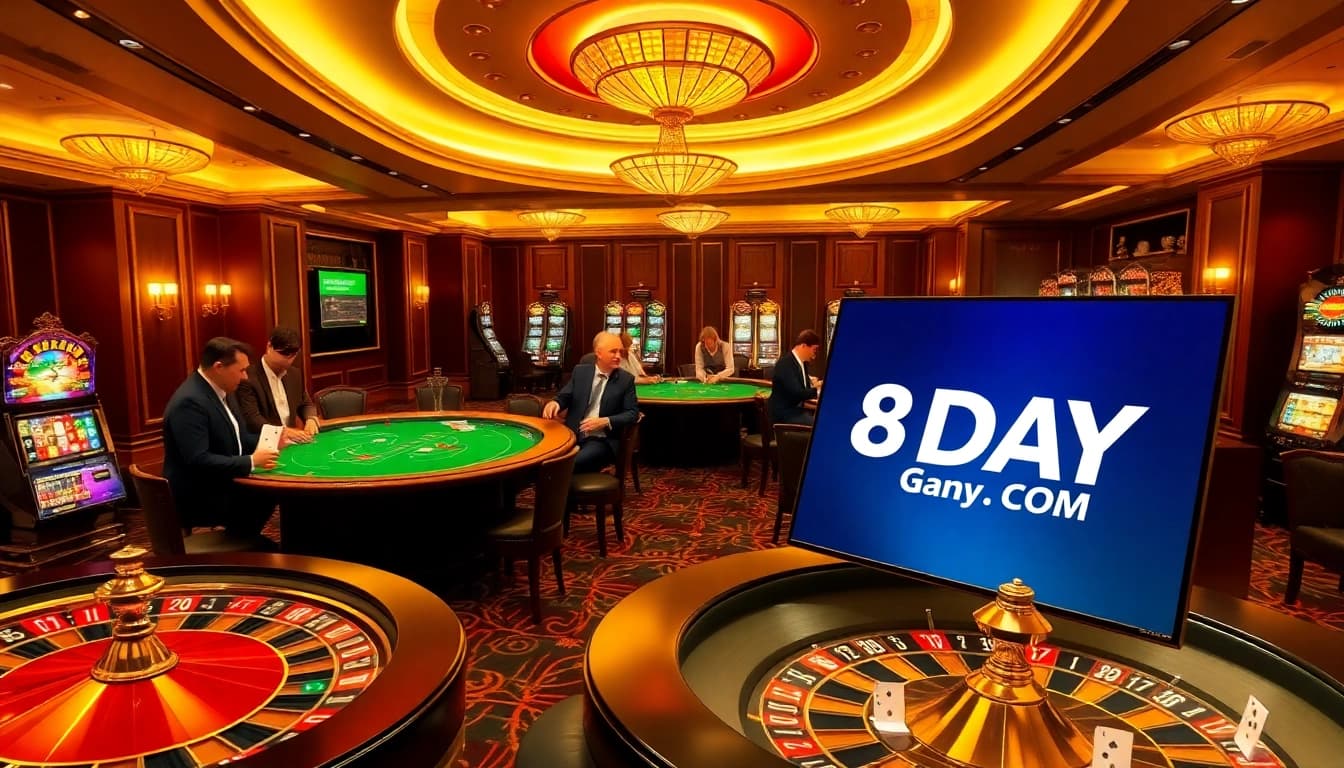 Players enjoying games at an elegant casino featuring 8DAY.COM branding with vibrant lights.