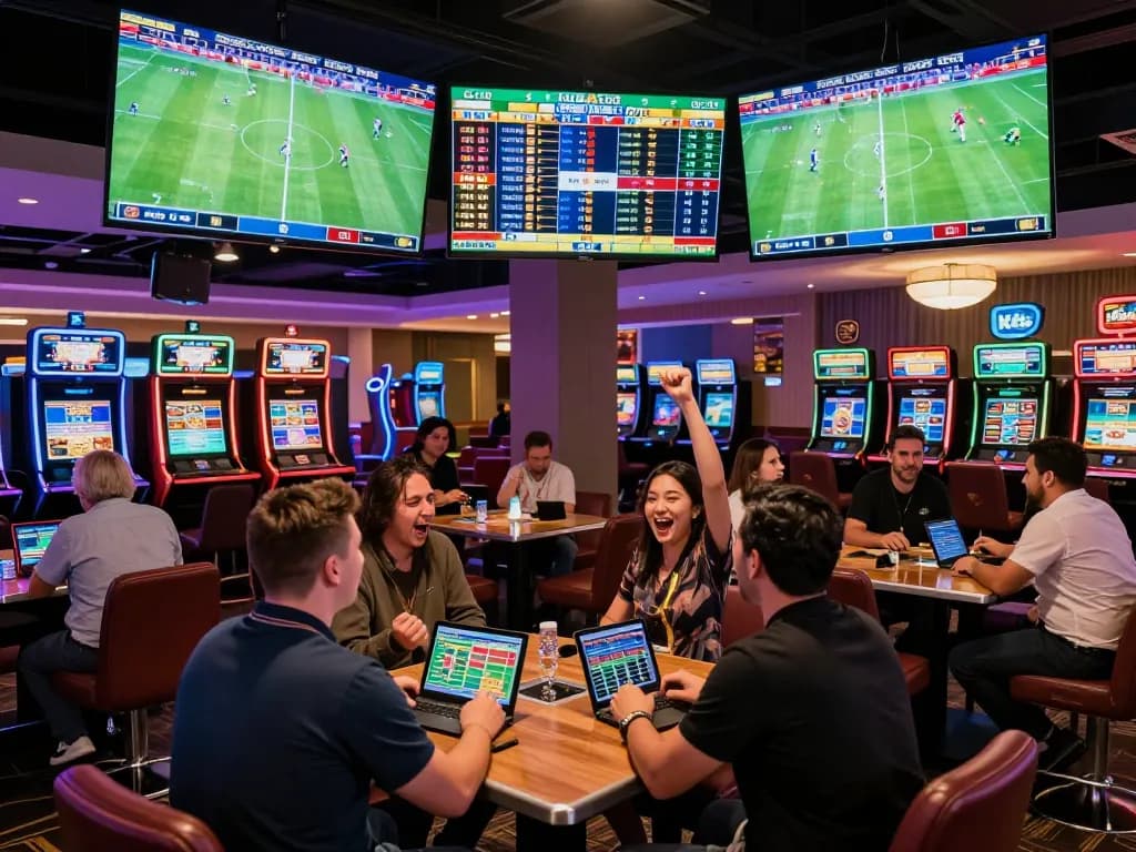 Dacsandatphanrang sports betting lounge with enthusiastic bettors celebrating live game excitement