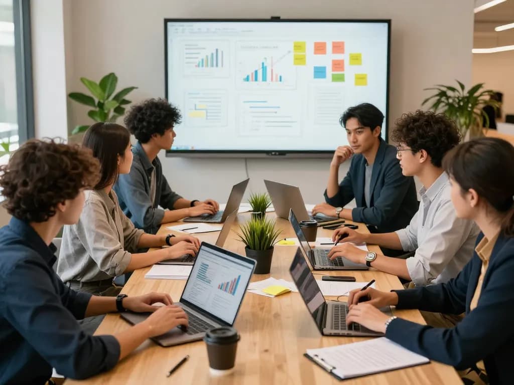 Collaborative entrepreneurs discussing strategies at https://gem88.com.mx/ in a modern workspace.