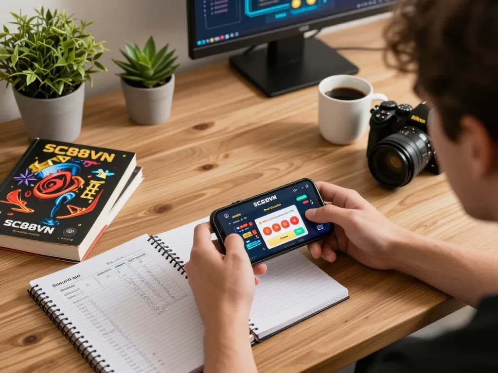Person strategizing for online gaming with SC88VN app on smartphone in a cozy home environment.