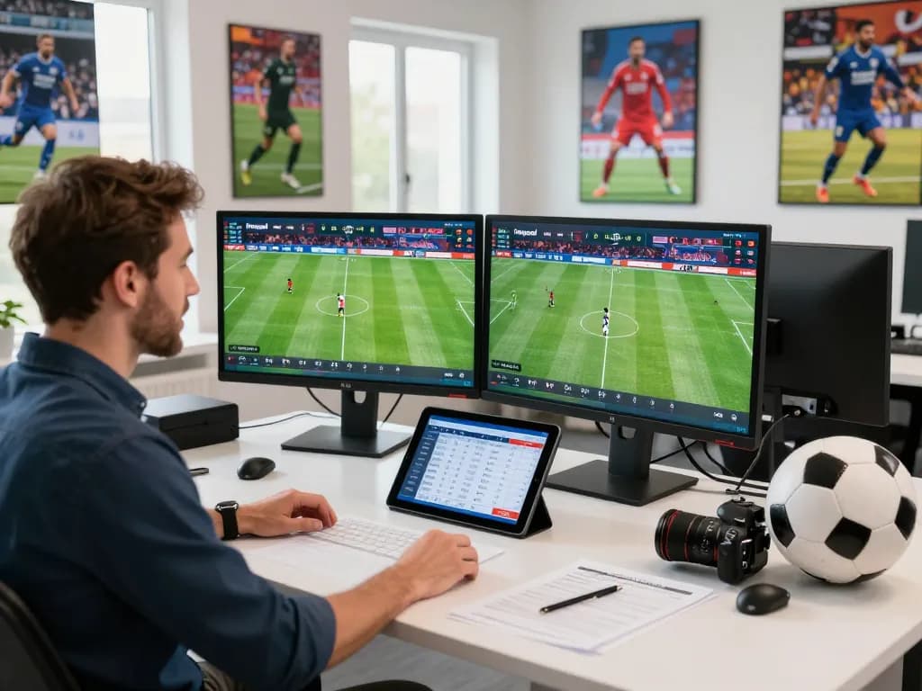 Football analyst using nowgoal for live scores and match statistics in a dynamic studio.