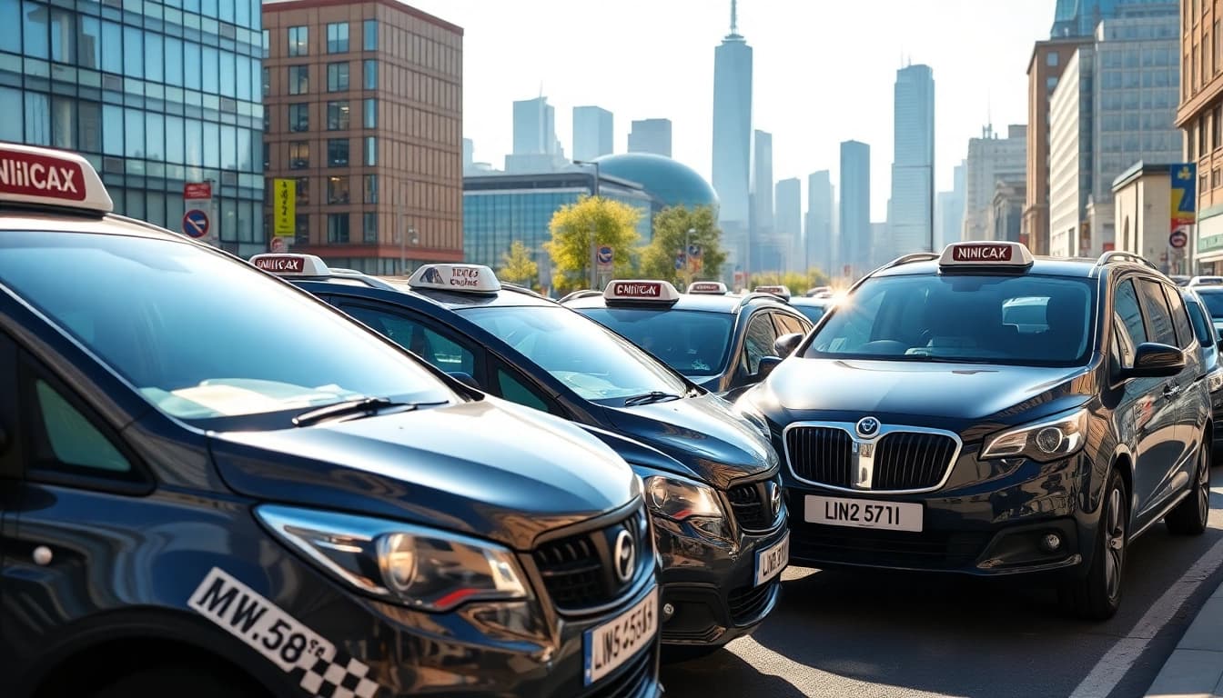 Minicabs parked in a busy urban setting, showcasing modern vehicles and city skyline.