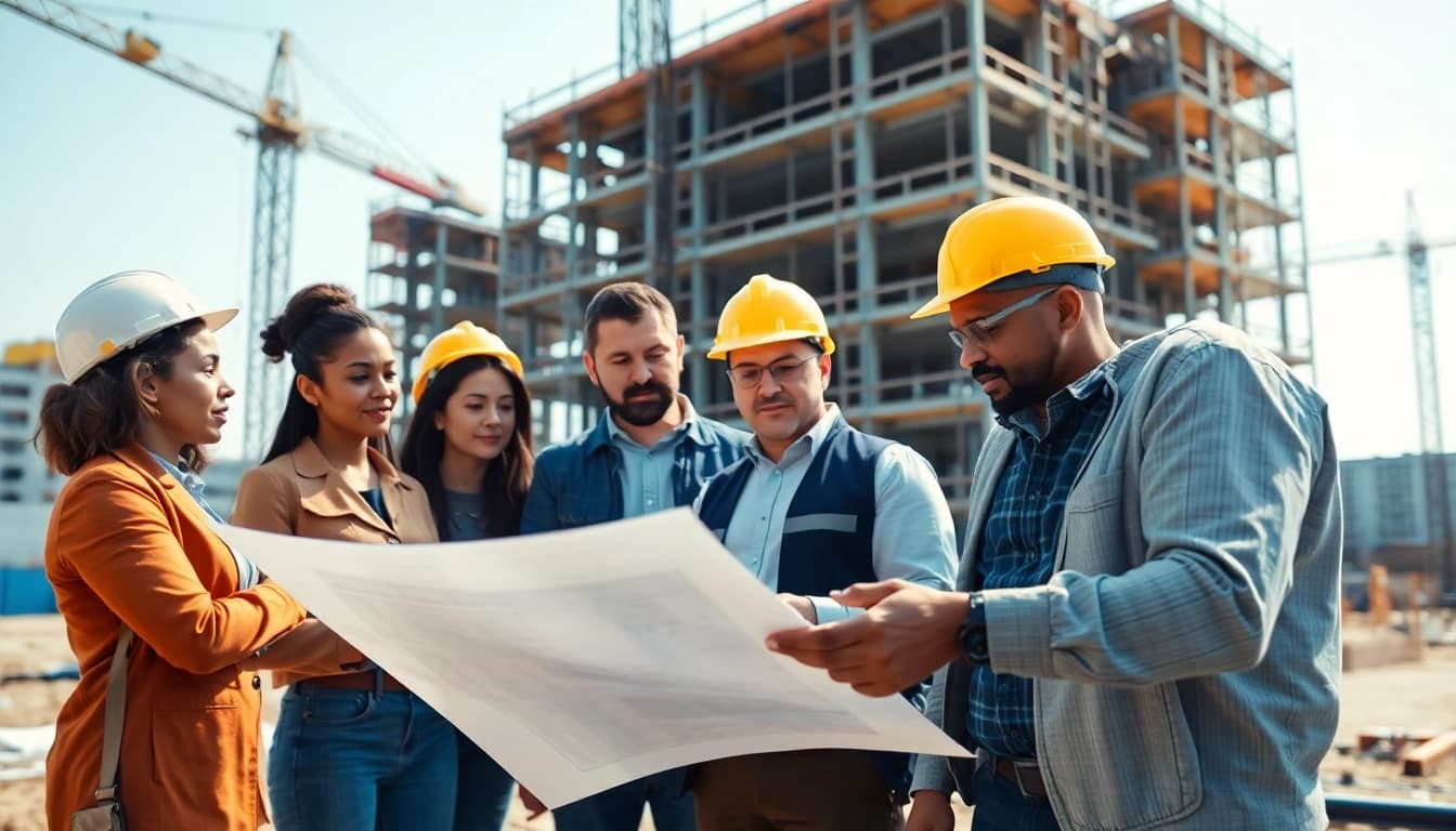New York Commercial General Contractor reviewing blueprints with a construction team on-site.