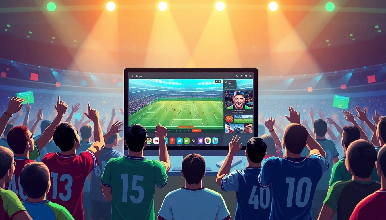 Exciting live sports streaming on joemadfan.com featuring a soccer match with enthusiastic fans and digital elements.