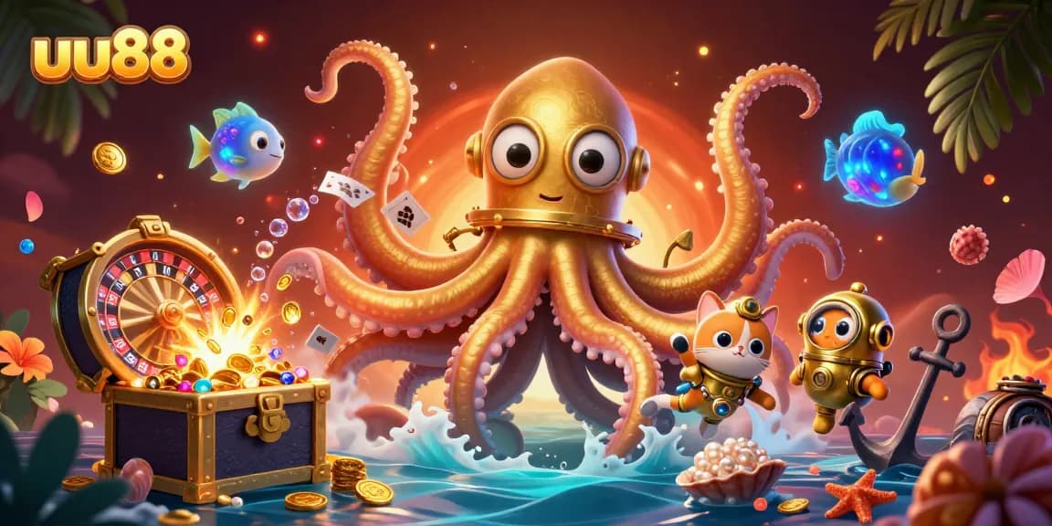 Play and win at uu88 with a captivating casino scene featuring a kraken and a diving cat.