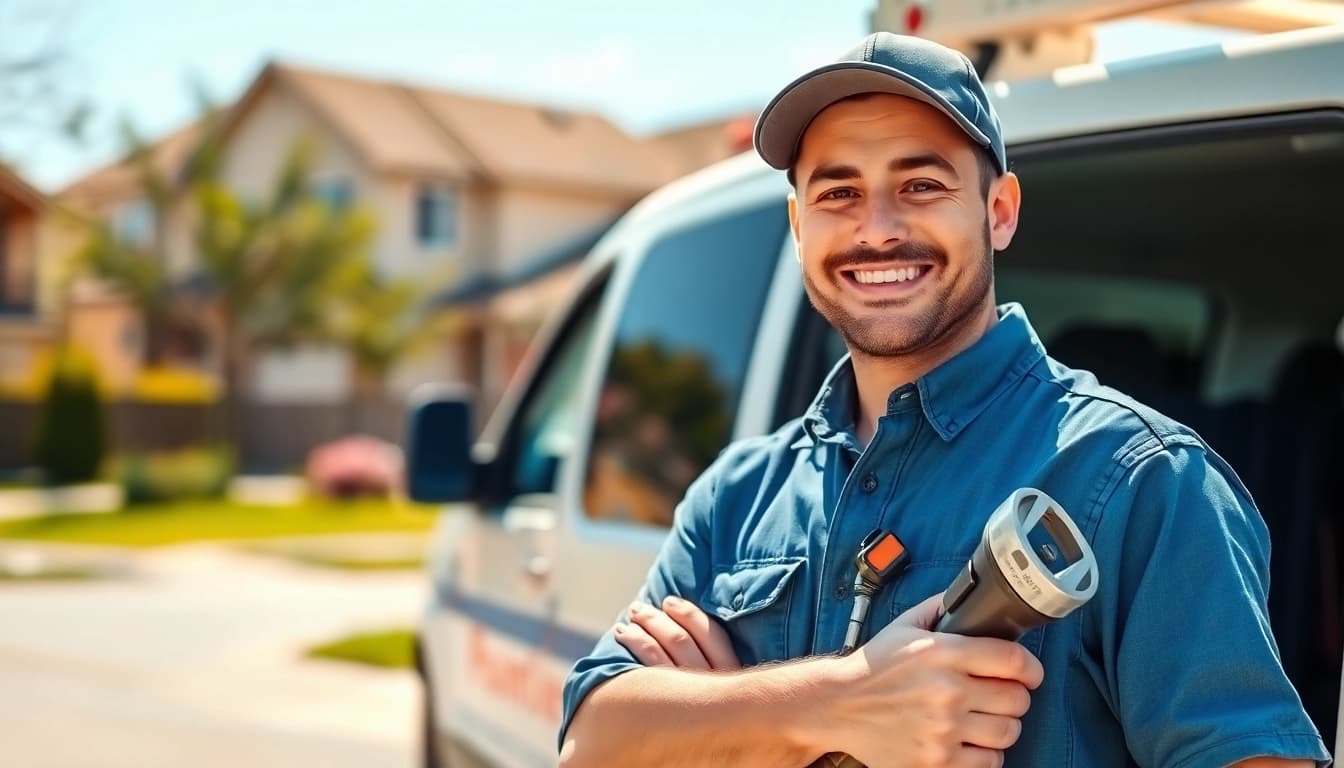 Plumber near me smiling while holding tools in a friendly neighborhood setting.